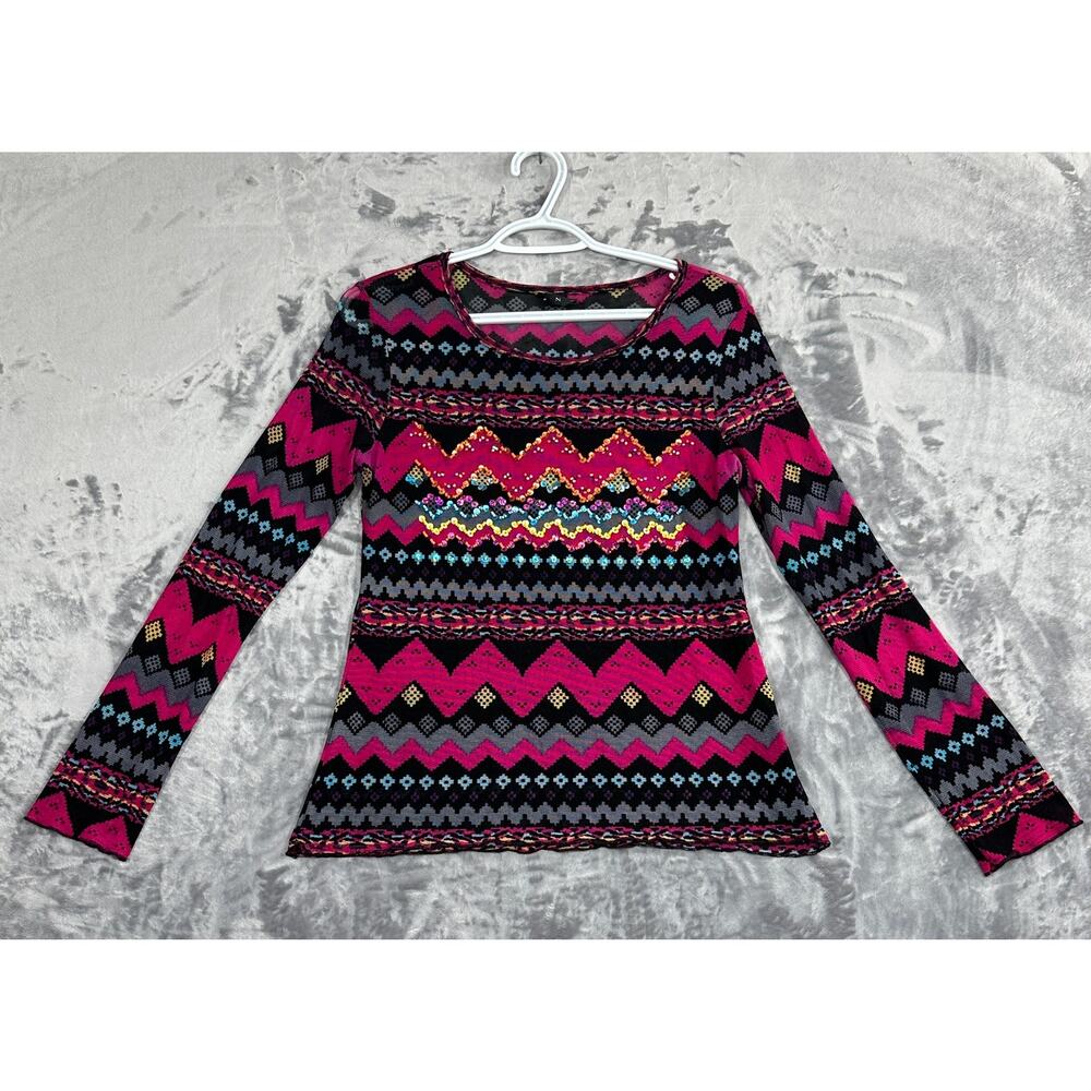 Vintage Y2k 90s Top Large Colorful Floral Aztec Print Sequin Mesh Long Sleeve